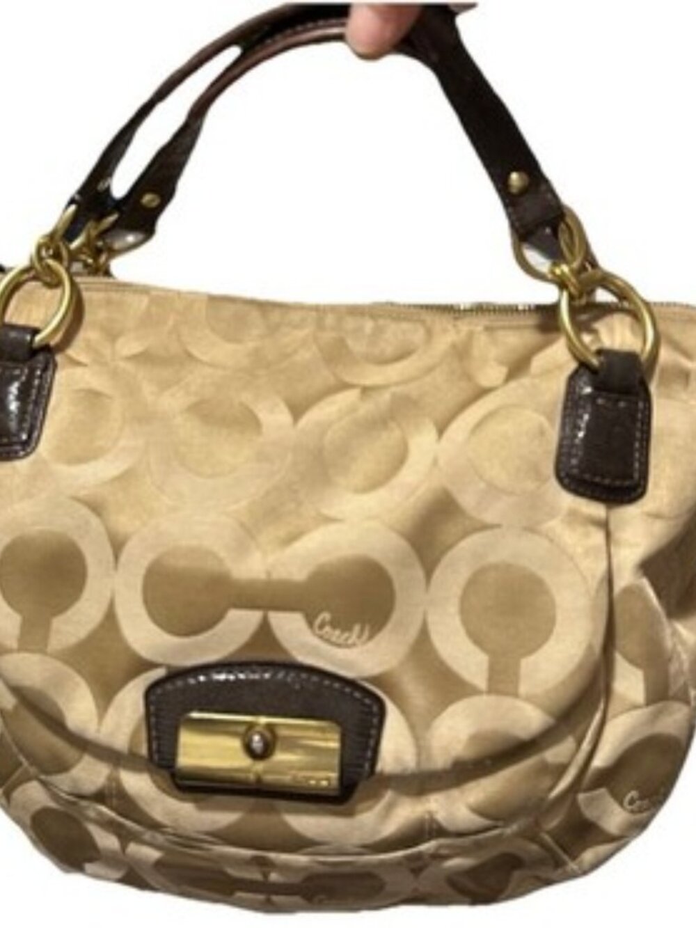 Coach Purse 19328 Signature Logo Khaki Tote Removable Shoulder Strap Handbag